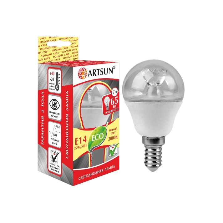 Лампа светодиодная с линзой ARTSUN LED P45 CR 7W E14 3000K Лампа светодиодная с линзой ARTSUN LED P45 CR 7W E14 3000K